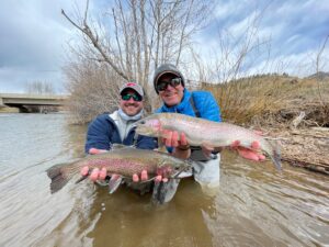 Two huge trout on a guided fly fishing trip to Shawnee Meadows, less than an hour from Denver.